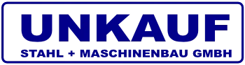 Das Logo besteht aus dem Schriftzug Unkauf bei dem alle Buchstaben groß geschrieben sind. In der Unterzeile steht: Stahl + Maschinenbau GmbH. Eine abgerundete dünne geschlossene Linie rahmt das Logo ein.